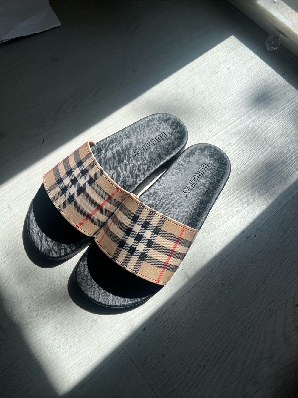 Burberry Novacheck Slide Sandals in Black and Beige